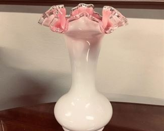 Fenton white & pink ruffled milk glass vase, 8",  $12