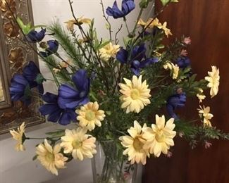 Blue & gold bouquet of flowers in glass vase,  vase is 10"H, floral is 24" H,  $20