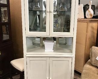 Lighted white corner cabinet, 1 glass shelf, wine glass holder, wine bottle holder,  75"H x 30"W x 17"D,  $215