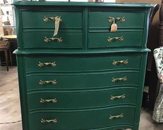 Painted green dresser with original gold handles, 39"W x 19.5"D x 46.5"H,   $275