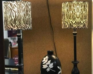 Pair of Zebra lamps, 31"H,  $16 each;  Black/white vase, 13.5"H,  $14