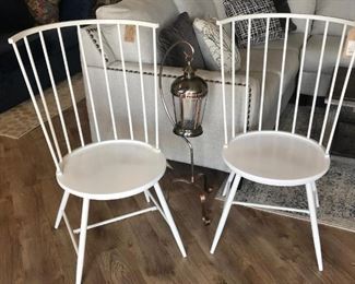 2 white half barrel chairs (metal),  $65 for the pair