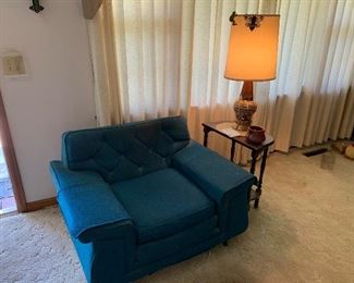 Blue mid century side chair, half end table and lamp