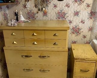 Blonde dresser, nightstand, and double bed headboard and footboard