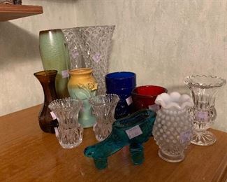 Large assortment of flower vases including Fostoria, hobnail, Crystal, Frankoma, and many many more! 