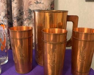 West Bend Aluminum pitcher and 6 glasses. Pure copper