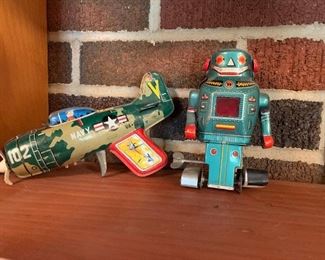 Metal navy airplane, and metal robot toy