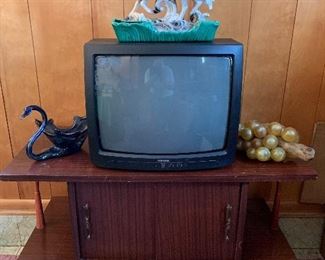 1950s TV or stereo stand, blown glass swan, glass grapes, and beautiful porcelain horse planter