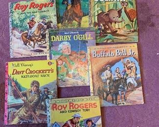 Large selection of loved little golden books. Rare books; Roy Rogers, Davy Crockett, Buffalo Bill, Maverick, Derby O’Gill, and Goliath II.