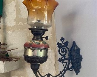Antique kerosene wall sconce hand painted $135