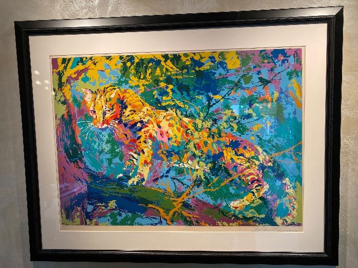  LeRoy Neiman Kenya Leopard  1973 Limited Edition Print Serigraph numbered 213/250 signed in pencil. Framed 44” x 35”.   Image 34” x 24”.   $3000.