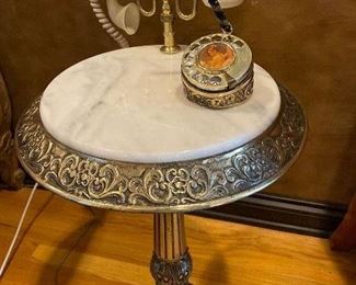 Marble Top Rotary Phone Table  with brass base. 28”H x 16”D  $250.