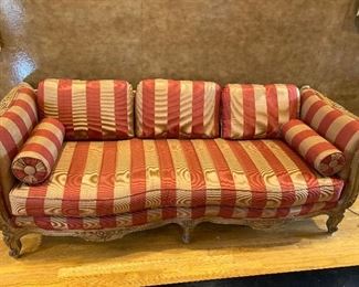 Custom Upholstered Bruski Striped single cushion serpentine front Settee with down fill.  85”W x 31”D 29”H.  $695.