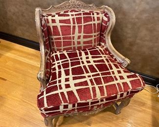 Custom Bruski velvet upholstered low back chair with carved accents. 26”W x 24”D x 29”H   $195.