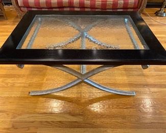 Pebbled glass and wood X coffee table with custom painted metal legs. 50”W x 34”L x 19.5”H   $225.