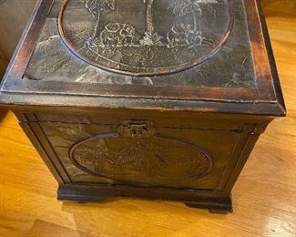 Wooden chest with repousse elephant and palm trees decor on lid and front. 15 x 15 x16h. $50.