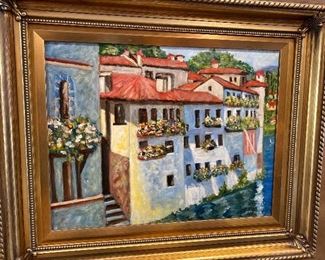 Waterfront buildings oil on canvas signed. Framed 24” x 20”. Image  17.5” x 13.5” $175.