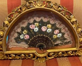 Handpainted and lace antique fan. Signed by artist. Custom gilt frame.  24” x 17” $65.