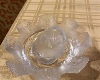 Lalique cherub dish and Lalique owl paperweight $50.  Bird 2.5” H.   Dish 4.5”D