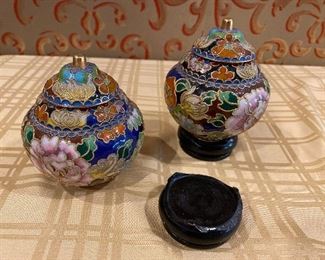Pair of cloisonné ginger jars. 3.5”H with stands.  $35.