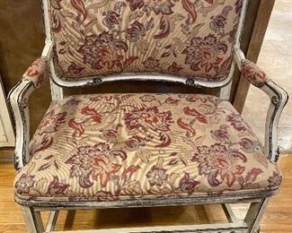 Tapestry upholstered Wide Arm Chair with carved detail. 29”W x 19”D x 40”H.  $145.