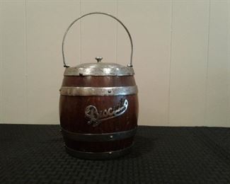 Vintage wood biscuit jar with ceramic interior.  10 " high to top of handle.  $25. LR 16