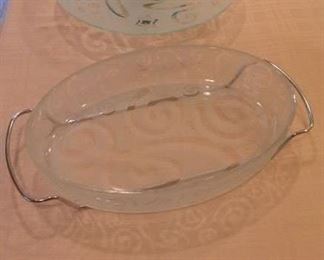 Frosted Glass Serving Casserole Dish 13.5L x 9.5W. Frosted Glass Revolving  Cake Plate 13Dia. $50. K2