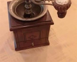 Vintage Coffee Grinder with Marquetry Inlay. 6 x 6 x 10.5H. $45. K4