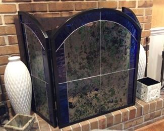 CUSTOM MADE STAIN GLASS FIRE SCREEN BLUE AND GREEN