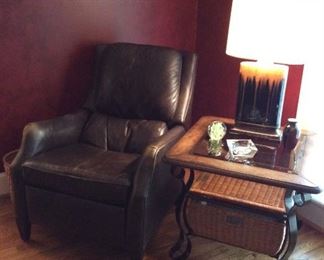 LEATHER RECLINER AND END TABLE WITH PULL OUT BASKET DRAWER