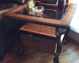END TABLE WITH PULL OUT WICKER BASKET DRAWER
