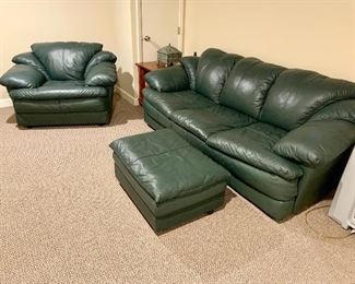 Green Leather Sofa, $350, 84"L x 36"D  (needs to be disassembled to move).   Leather Ottoman, $100.       31"L x 21" W.   Leather Chair, $175, 45" W x 38"D