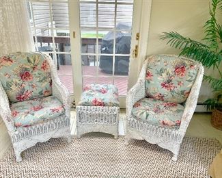2  Floral Upholstered White Wicker Chairs, $125  ea              Upholstered Wicker Ottoman, $65                                                       Calico Corner Custom Fabric Upholstery