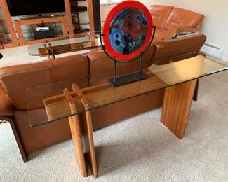 Danish Design cherry wood and glass sofa table (60”W x 16”D x 28”H) - $600 or best offer.  Glass sculpture NOT FOR SALE.