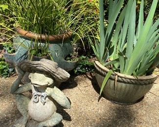 Concrete frogs and plants.