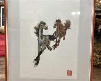 Horses Painted on Silk in the Style of Xu Beihong. Framed 16 1/2" x 24 1/2".