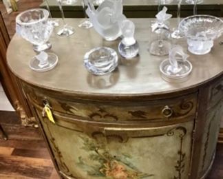 Antique Hand Painted Demi-Lune Chest and Lalique Glass.