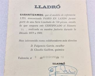 Lladro Certificate of Authenticity for Figurine "For A Ride" Limited Edition.