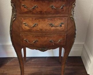 Antique Louis XV Style 3-Drawer Marquetry Commode, 16" W x 28 1/2" H x 11 1/2" D. Sold as a pair.