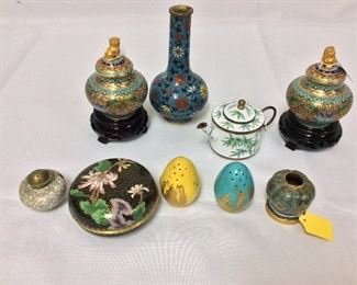Asian Decor, 5 1/2" for the tallest. Lidded Trinket Box. Cloisonne Garlic Shape Urn. Miniature Cloisonne Vase with Foo Dog Tops. Miniature Tea Pot.