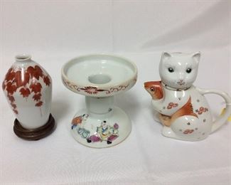 Vase, 5" H. Candleholder, 4 1/2" H. Cat with Koi Fish Pitcher, 5" H.