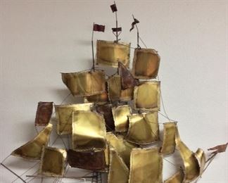Brass and Copper Metal Art Sailing Ship, 39" H.