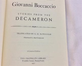 Giovanni Boccaccio, Stories from the Decameron. Limited Edition This limited edition is published by The Franklin Library exclusively for subscribers to The Collected Stories of the World's Greatest Writers. Bound in Leather. Gilt Edges. Satin Page Marker.
