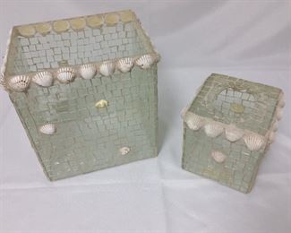 Glass Mosaic and Shell Waste Basket, 10 1/2" H, and Kleenex Box Holder, 6 1/4" H.