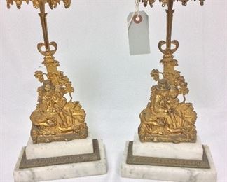 Antique Gilded Bronze and Marble Candlesticks, 14 1/2" H.