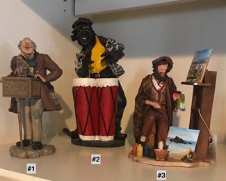 Unique Figurines
#1 Organ Grinder Player $20
Made of a heavy plastic. Measures 8 ½” tall. It was a music box, but does not play any more. Has great detail to it though just as a display figurine.
#2 Bongo Player $20
Made of heavy resin.
#3 Artist $20
Made of Terra-cotta and fabric. Measures 8” tall x 6” wide x 5” deep