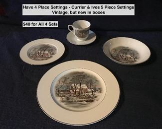 This is a vintage set of Currier & Ives "Gristmill" set made for Avon. There are 4 sets of 5 piece place setting consisting of a dinner plate, lucheon/salad plate, soup bowl and coffee/tea cup with saucer. Price of $40 is for all 4 sets.