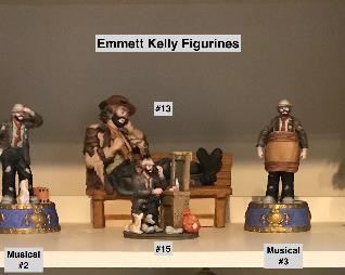 Emmett Kelly Figurines – Prices Vary Open Description
My father had a relationship with Flambro Co so may have received these pre-production, therefore no numbers marked in limited editions
#9 “Sitting On Bench” $50 (no # marked/9,500 LE)
Measures 8 ½” Tall x 6 ¾” Wide x 7” Deep
#10 “Eating Cabbage” $50 (no # marked/12,000 LE)
Measures 10 ¼’ Tall x 4” Wide x 3” Deep
#11 “Leaning On Stool” $50 (no # marked/15,000 LE)
Measures 9 ½” Tall x 3 ½” Wide x 4” Deep
#12 “Looking Out To See” $125 (rare no # marked/12,000 LE)
Measures 10” Tall x 5” Wide x 3 ¼” Deep
#13 “Wet Paint” $35 (no # marked/15,000 LE)
Note: Two repairs were made to front sleeves considered in pricing
Measures 7 ½” Tall x 8 ½” Wide x 3 ½” Deep
#14 “Balloons For Sale” $25 (no # marked/10,000)
Note: Base was broken and repaired. It is visible when you look at it directly, but when it is displayed within a cabinet it is not noticeable from the front view. Considered in pricing
Measures 11 ¼” Tall x 4” Wide x 3 ½” Deep