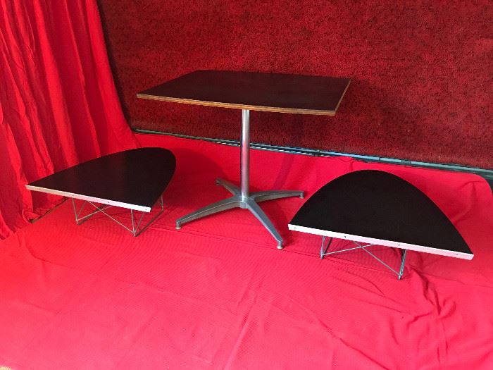 Herman Miller/Eames - Set of 3 $1,000
I have the original receipt which is dated from July, 1957.  This was originally Herman Miller/Eames "surfboard" table, but my father changed it up. It now consists of two end/side tables that measure 26 1/2" long x 26 3/4" wide x 10 1/8" high. The bases are the original metal "criss cross" bases from the "surfboard" table. He also added chrome finishing pieces to each end/side table. The center part of the "surfboard" table was made into a higher table, which has the Eames base. This table measures 29 1/8" wide x 35" long x 26 5/8" high.  There is a slight chip in the finish of the higher table, but it still shows the color black.  