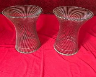 Set of 2 Warren Platner Side Tables $1,000
This is a set of two Warren Platner side tables which measure 18 1/4" high, the base diameter is 13" and the top with the glass on it is 15 1/2" diameter.  I am not sure if it is the original glass; they sit on top of the edge of the tables.
